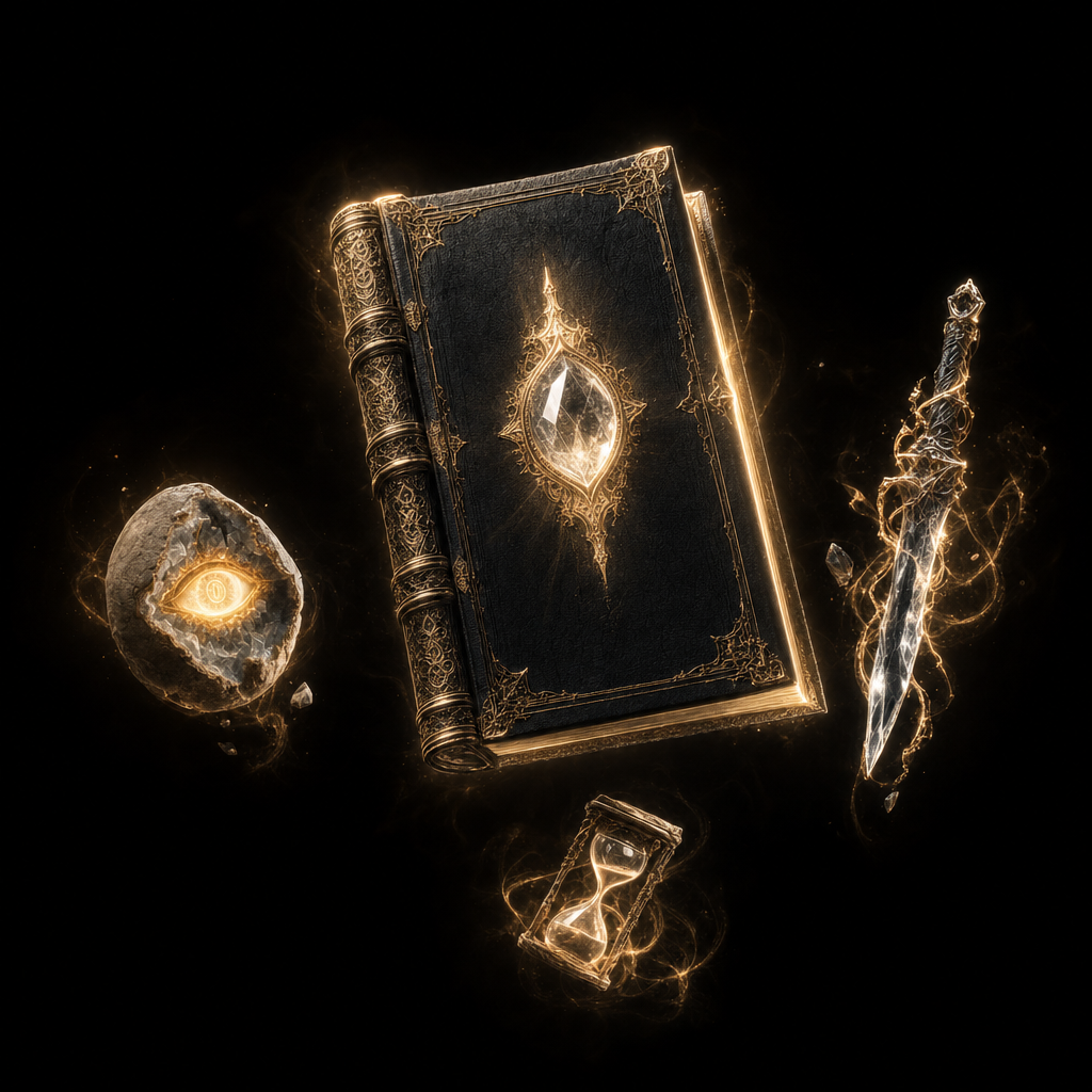 Decorative book with glowing emblem on a black background